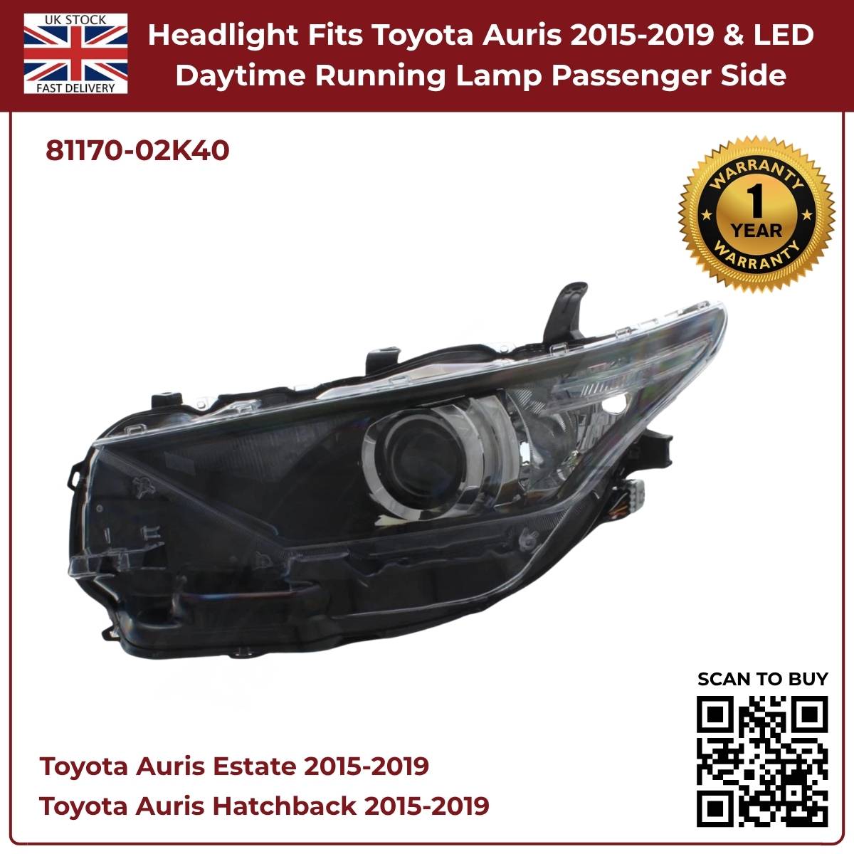 Image of Toyota Auris Passenger Side Headlamp with Daytime Running Light – 81170-02K40