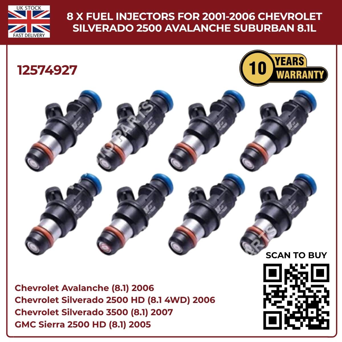 Set of 8 Fuel Injectors | Fits 2001–2006 Chevrolet Silverado, Avalanche & Suburban 8.1L V8