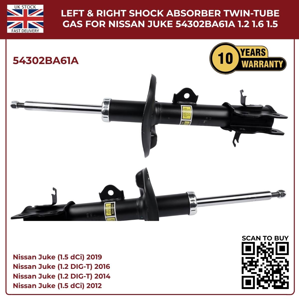 Image of replacement twin-tube gas front shock absorbers for Nissan Juke, OEM 54302BA61A / 54303BA61A