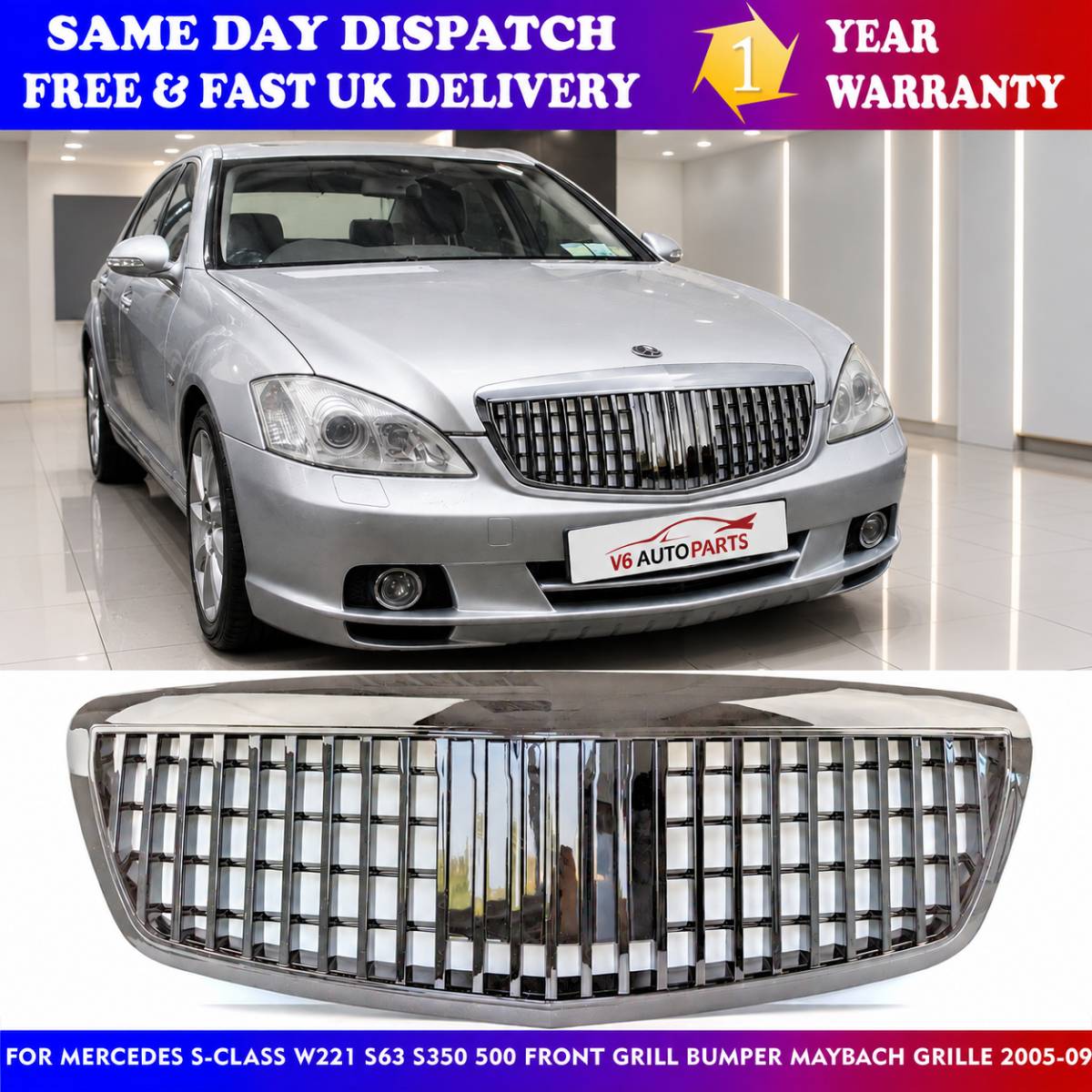 Vorderer Kühlergrill in glänzendem Schwarz für 2005–2009 Benz W221 S-Klasse S63 AMG Maybach S350 S500