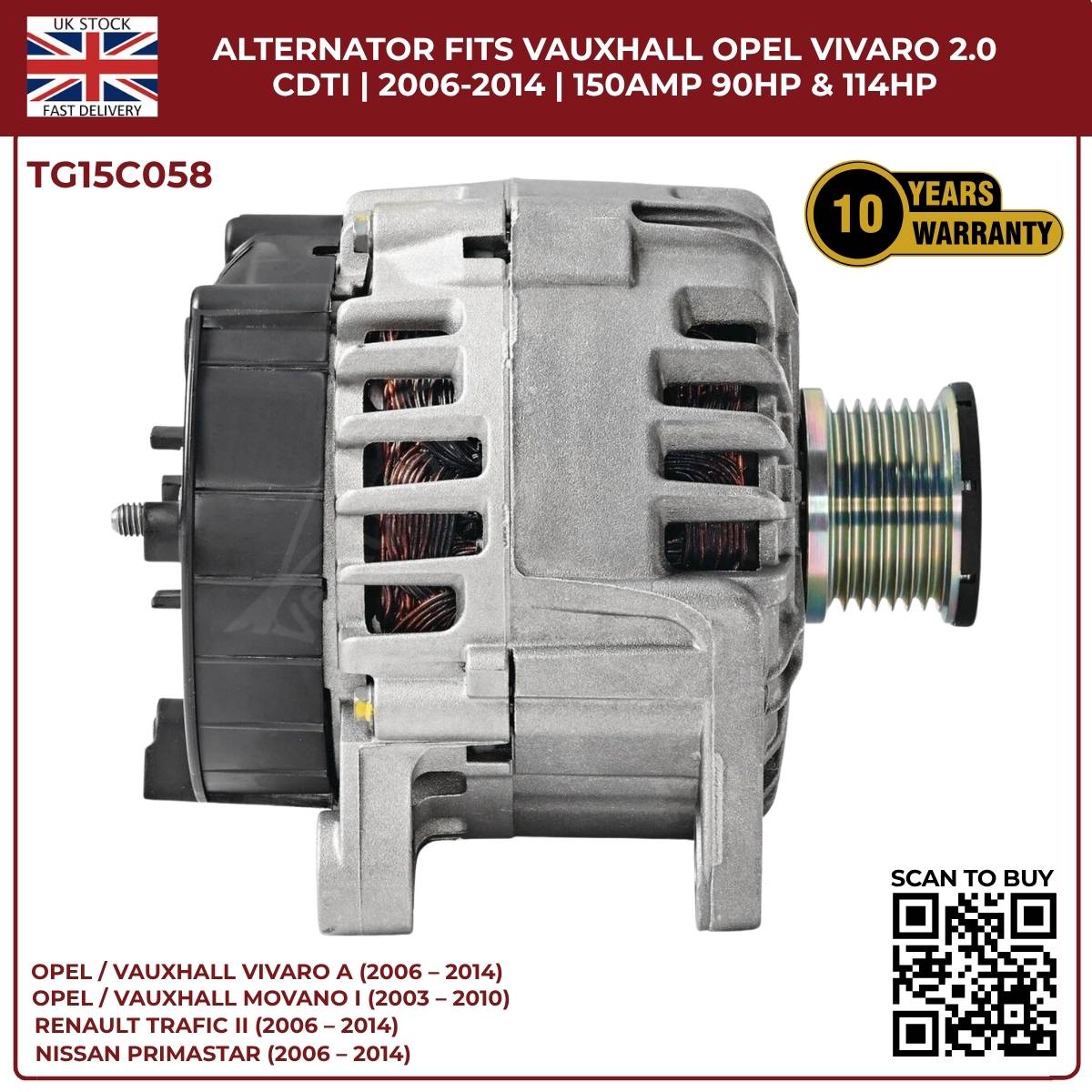 TG15C058 Alternator – 12V 150A | Fits 2006‑2014 Opel/Vauxhall Vivaro A 2.0 CDTi Diesel