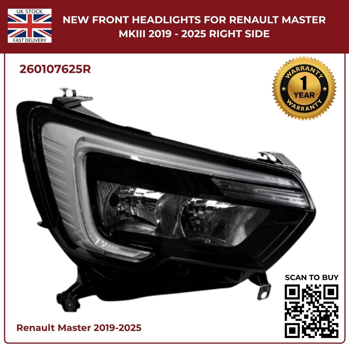 Image of Renault Master Front Right LED DRL Headlamp – 260107625R