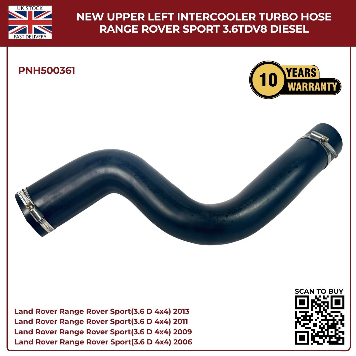 Range Rover Sport 3.6 TDV8 Intercooler Turbo Hose – Upper Left (PNH500361, Diesel OE Replacement)