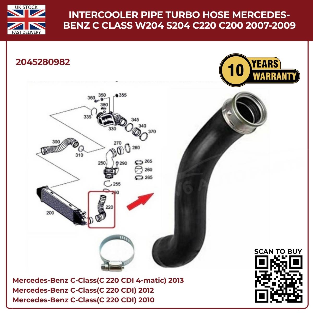image of Mercedes-Benz W204 S204 turbo boost hose pipe 2045280982