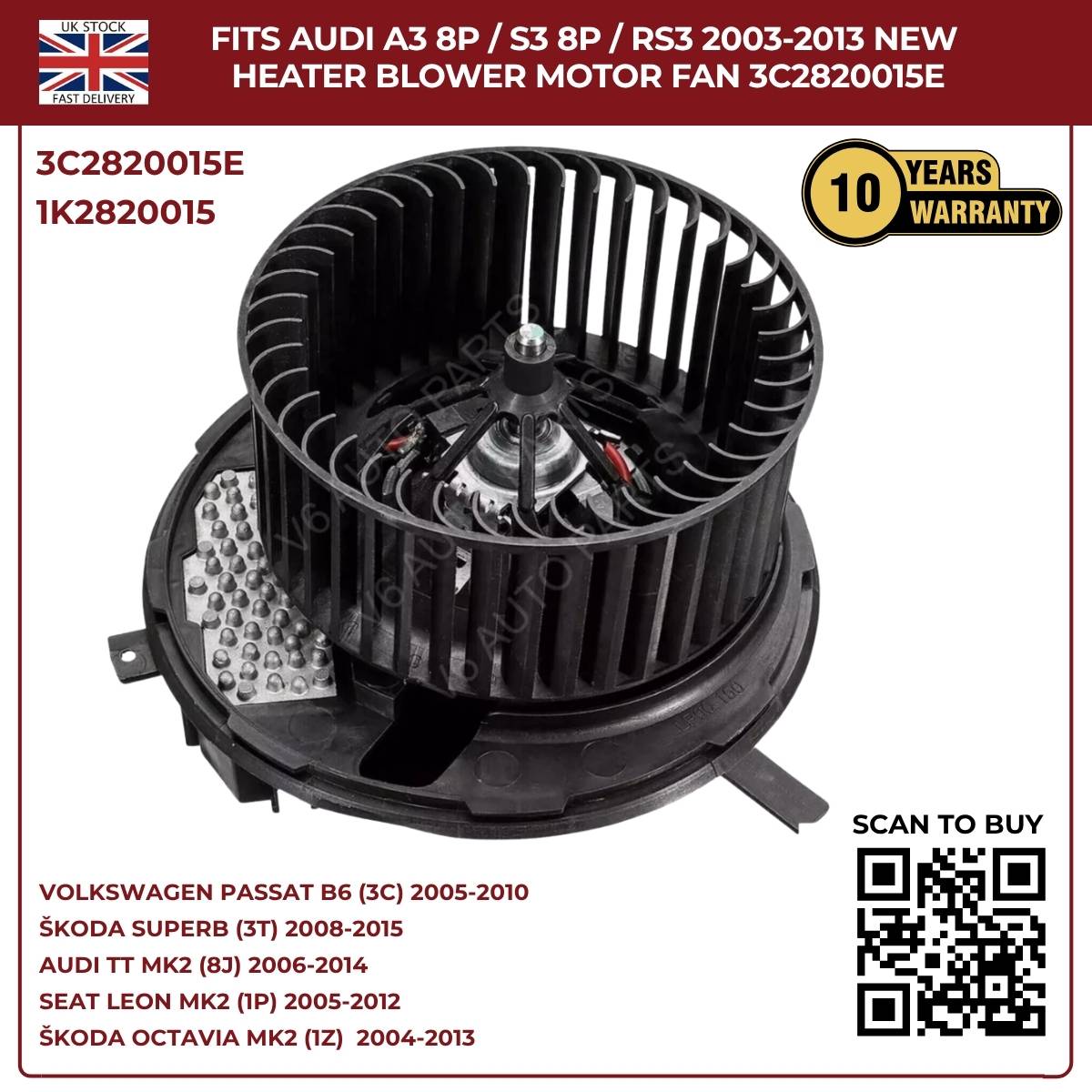 Heater Blower Motor Fan For Audi TT MK2 2006–2014 / A3 8P S3 – OEM 1K2820015A, 3C2820015E