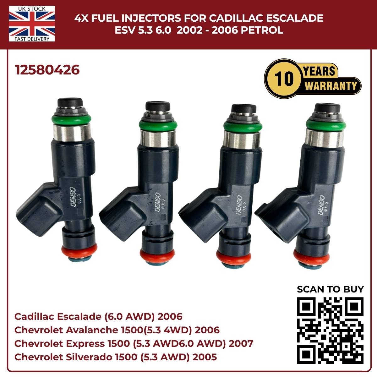4× Fuel Injectors 12580426 – Fits 2002–2006 Cadillac Escalade ESV 5.3L & 6.0L Petrol Flex Fuel