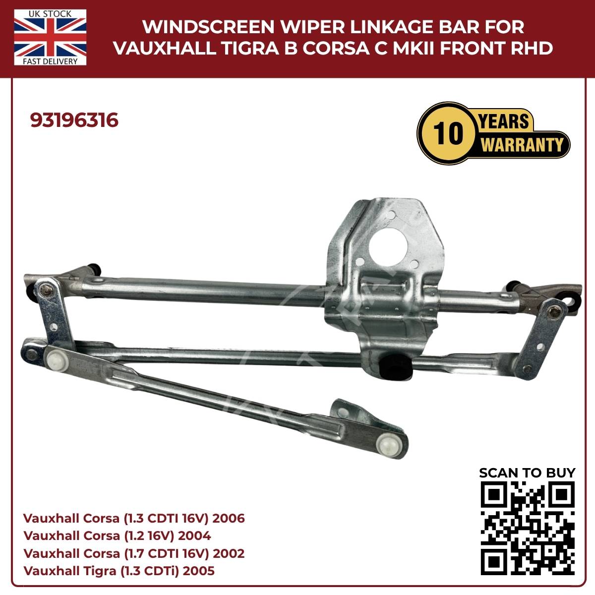 Front Windscreen Wiper Linkage Mechanism Arm for Vauxhall Corsa C Mk2 2000–2006 (Front Wiper Linkage 93196316)