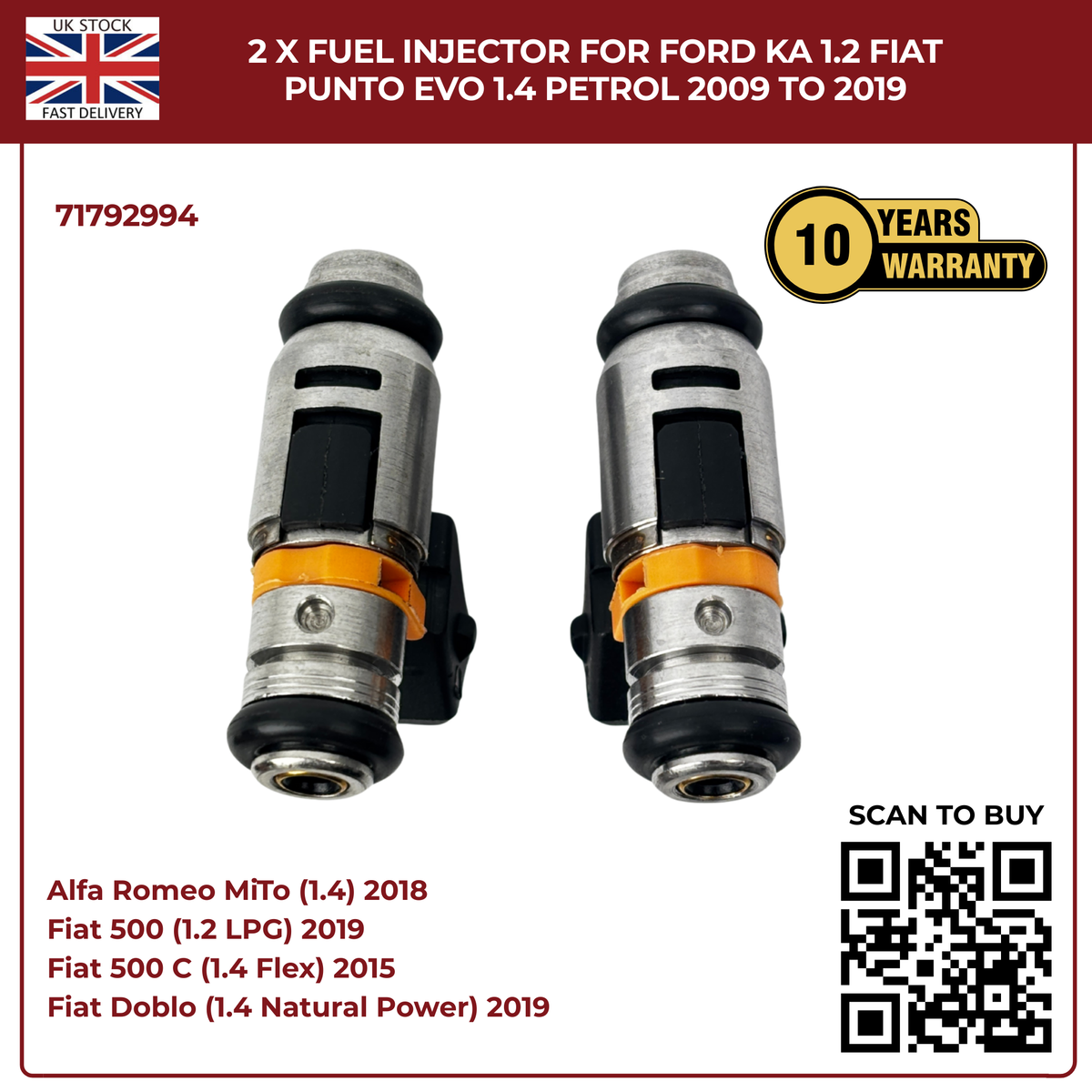 2× Fuel Injectors 71792994 – Fits 2009–2019 Ford Ka 1.2 & Fiat Punto Evo 1.4 Petrol