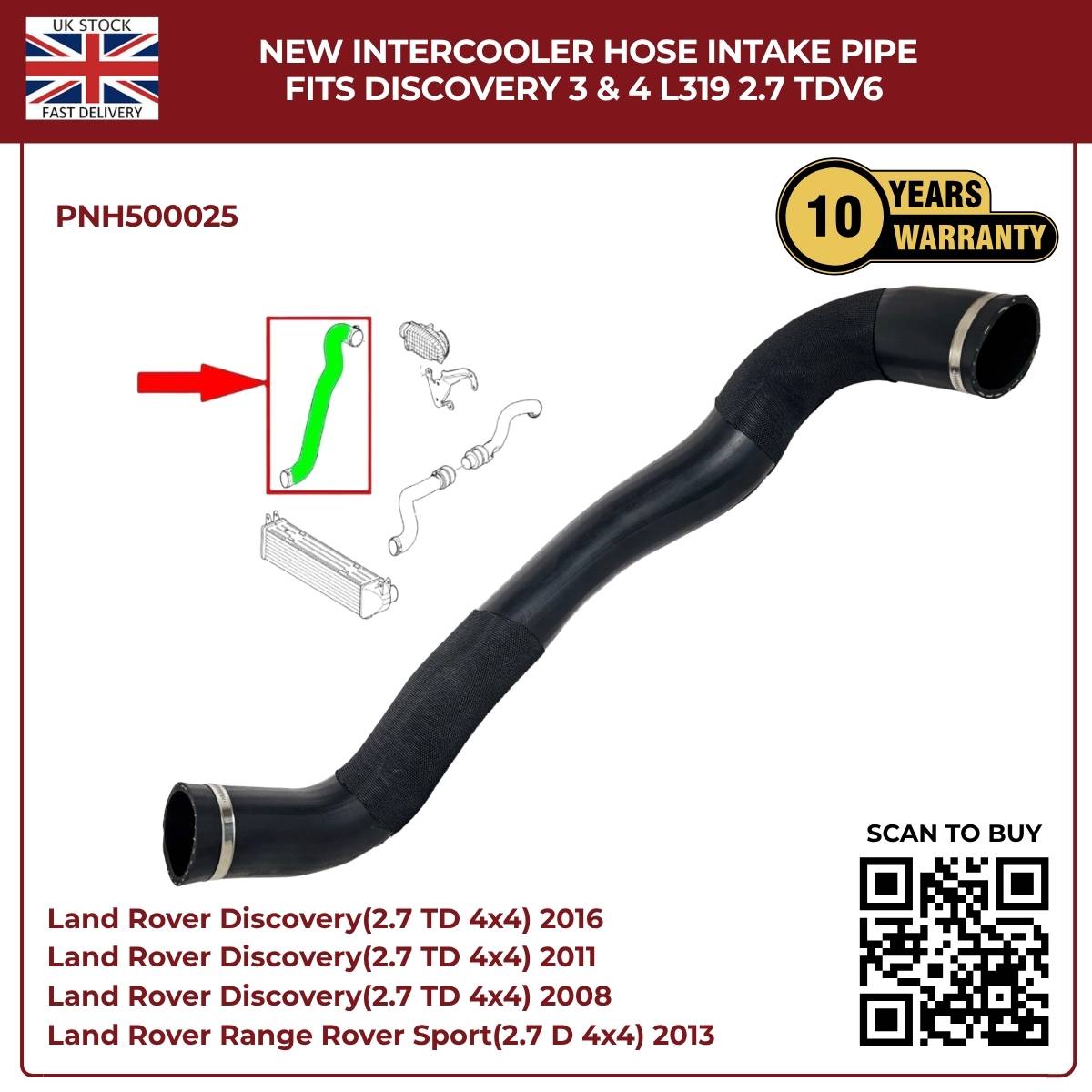 Image of PNH500025 turbocharger hose for Land Rover Discovery 4 2.7 TDV6
