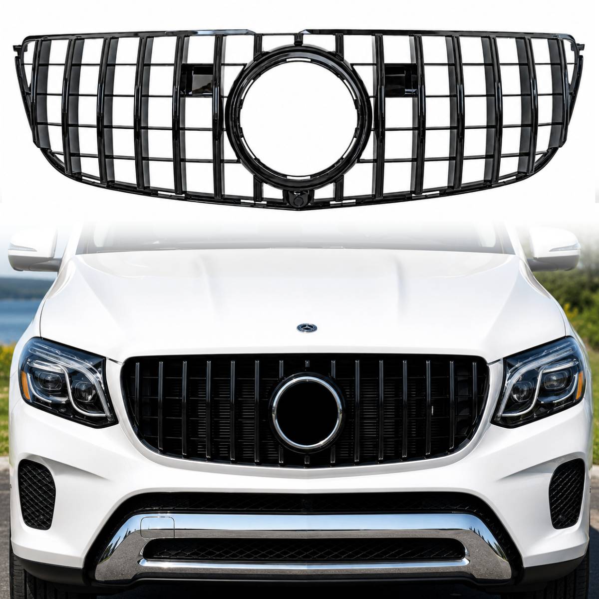 Front Bumper Gloss Black GT Grille – Mercedes GLS-Class X166 (2016–2019 AMG Distronic Style)