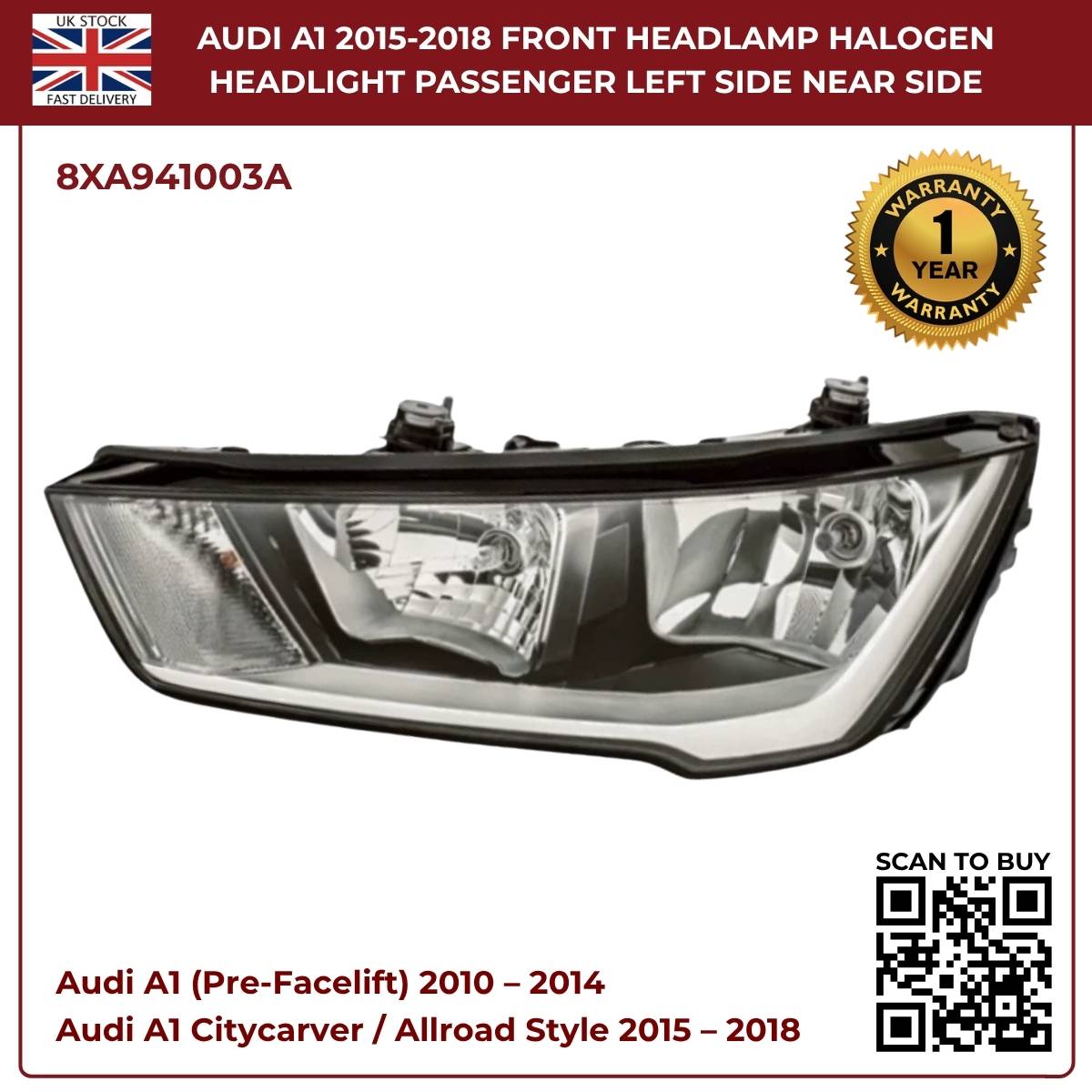 Image of Audi A1 Replacement Left Halogen Headlamp – 446-1155LMRDEM2 / 8XA941003A