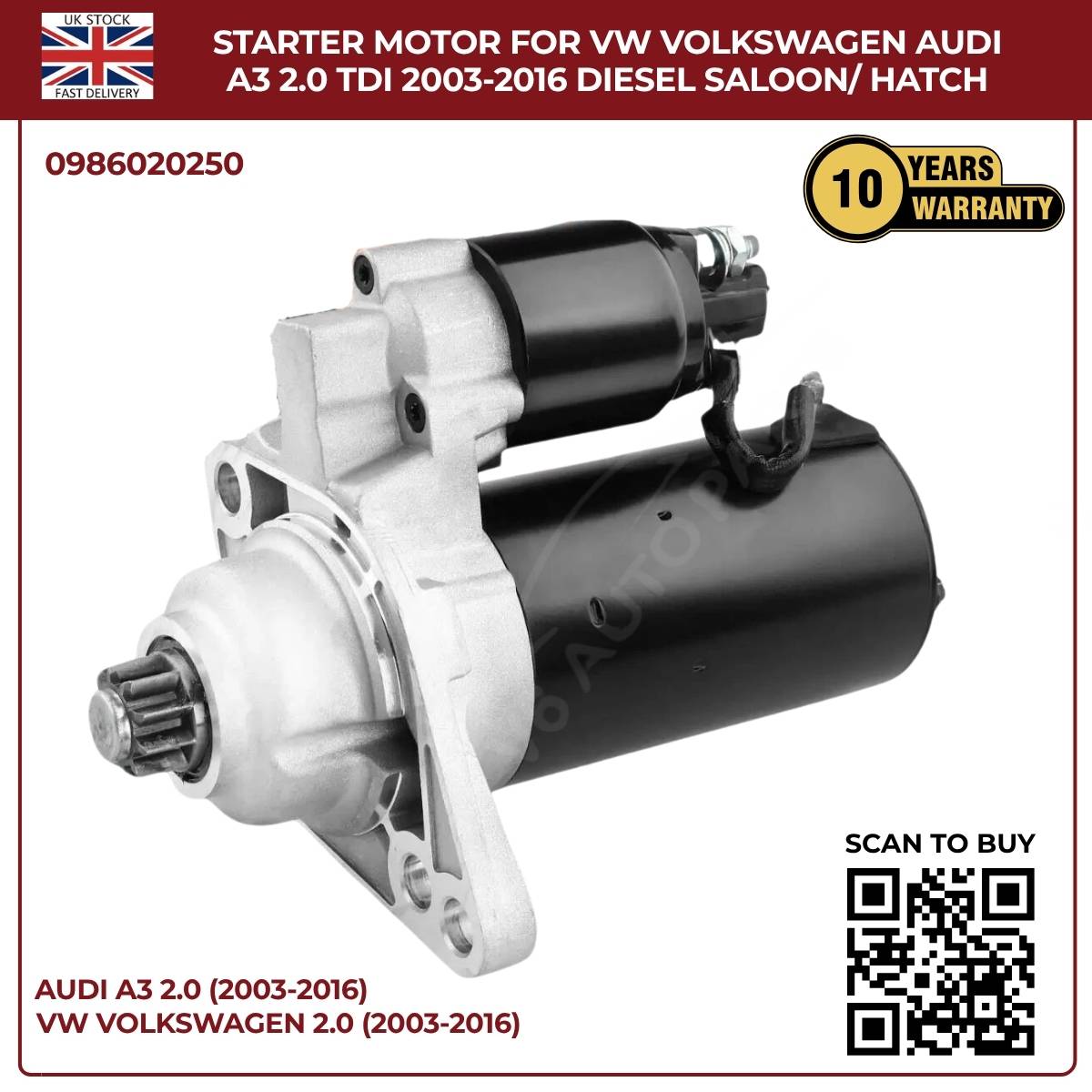 Starter Motor for VW & Audi A3 2.0 TDI (2003–2016) Diesel Saloon/Hatchback