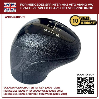 Black Leather 6‑Speed Gear Shift Knob – Fits Mercedes Sprinter MK2 W906 (2006‑2013, 3.5T / 4.5T)