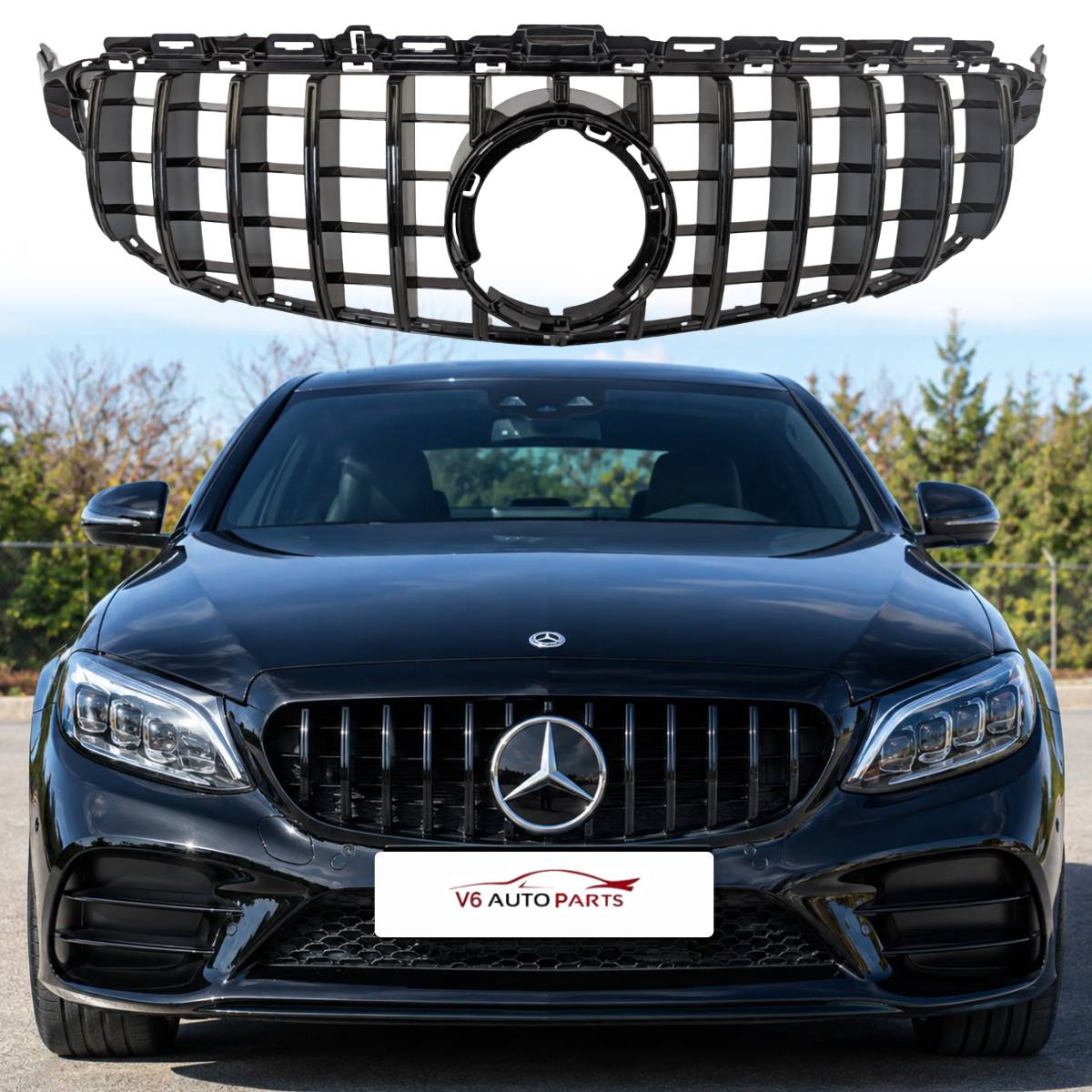 Front Bumper Panamericana Gloss Black Grille – Mercedes C‑Class S205 (2018–2020 C43 AMG)