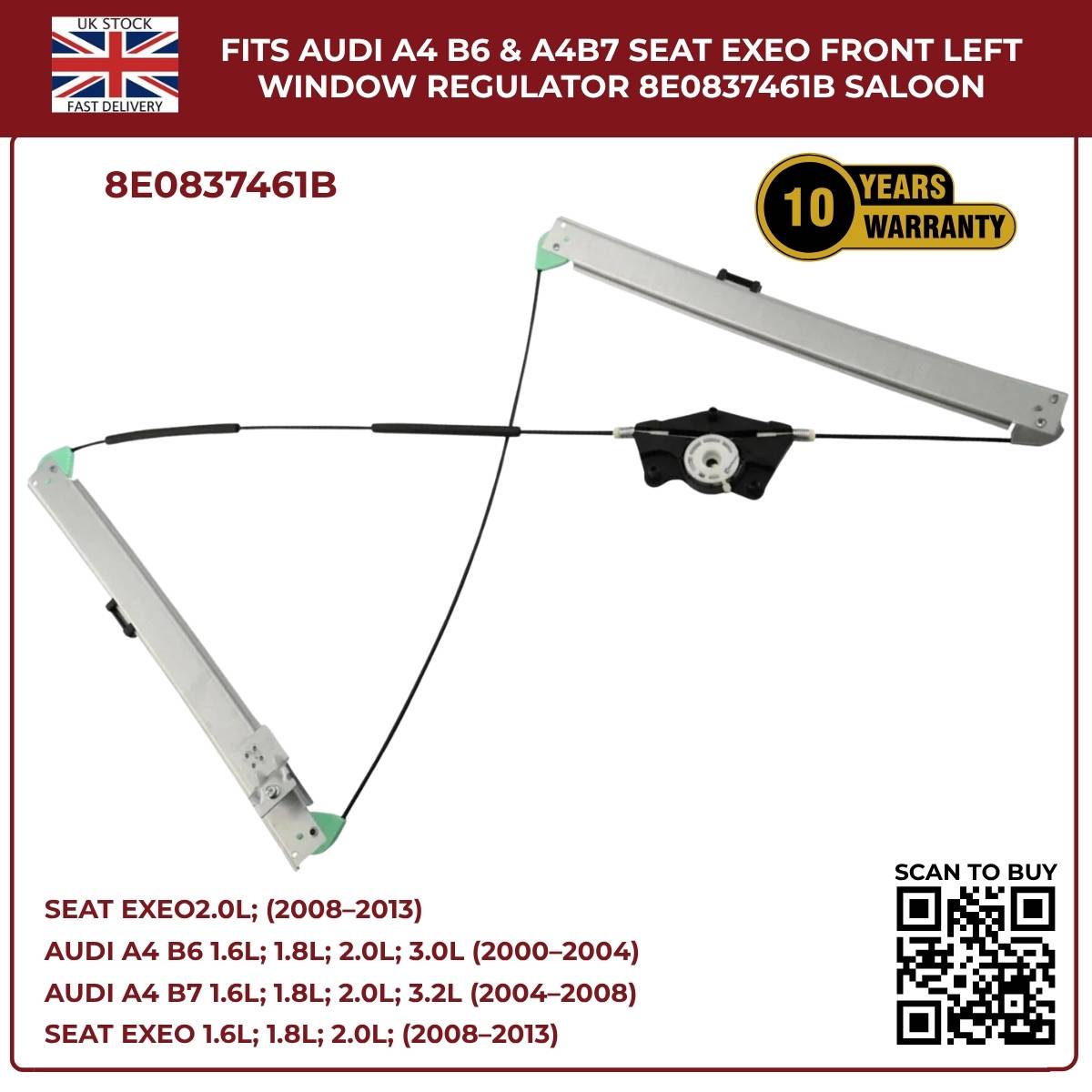 Audi A4 B6/B7 Front Left Window Regulator 2000–2008 | OEM 8E0837461B