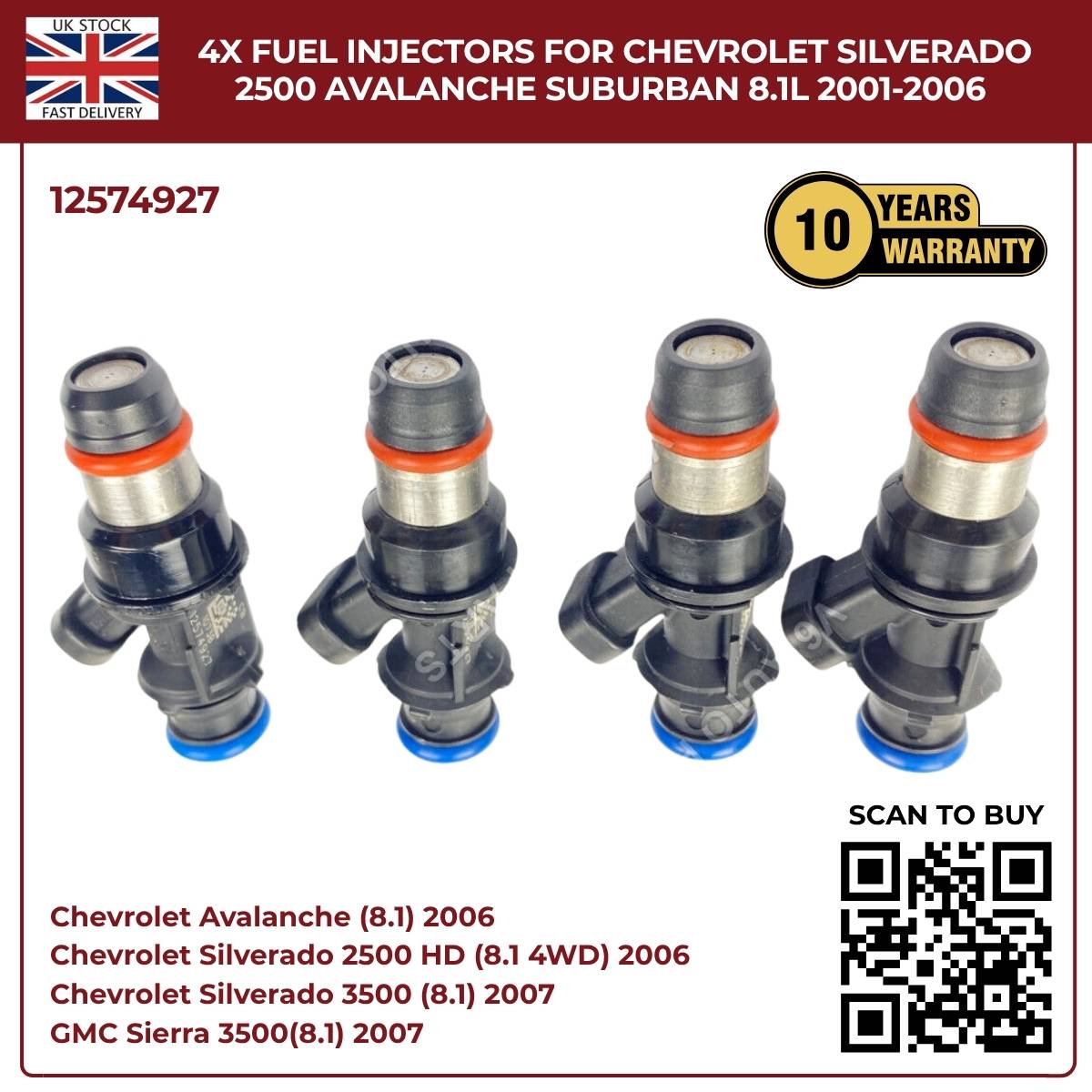 Set of 4 Fuel Injectors | Fits 2001–2006 Chevy Silverado 2500HD, Avalanche 2500, Suburban 2500 | 8.1L Vortec V8 OEM Replacement