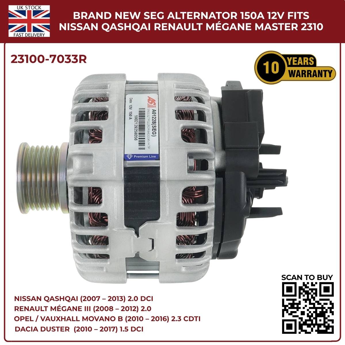 Alternator 23100‑7033R 12V 150A – Renault Master MK3, Vauxhall Movano B MK2, Nissan NV400