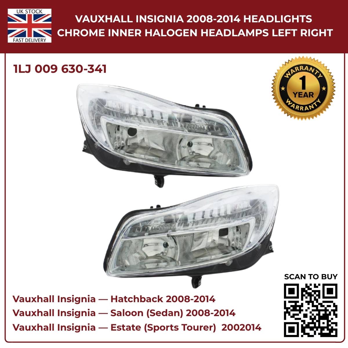 Image of Vauxhall Insignia RHD Halogen Headlights 2008–2014 – 1LJ 009 630-341