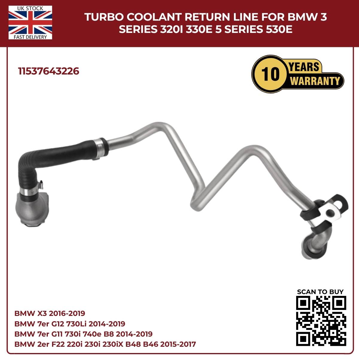 BMW Turbocharger Coolant Return Hose – Right Passenger Side | Fits B46/B48 Petrol Engines | OEM Ref 11537643226