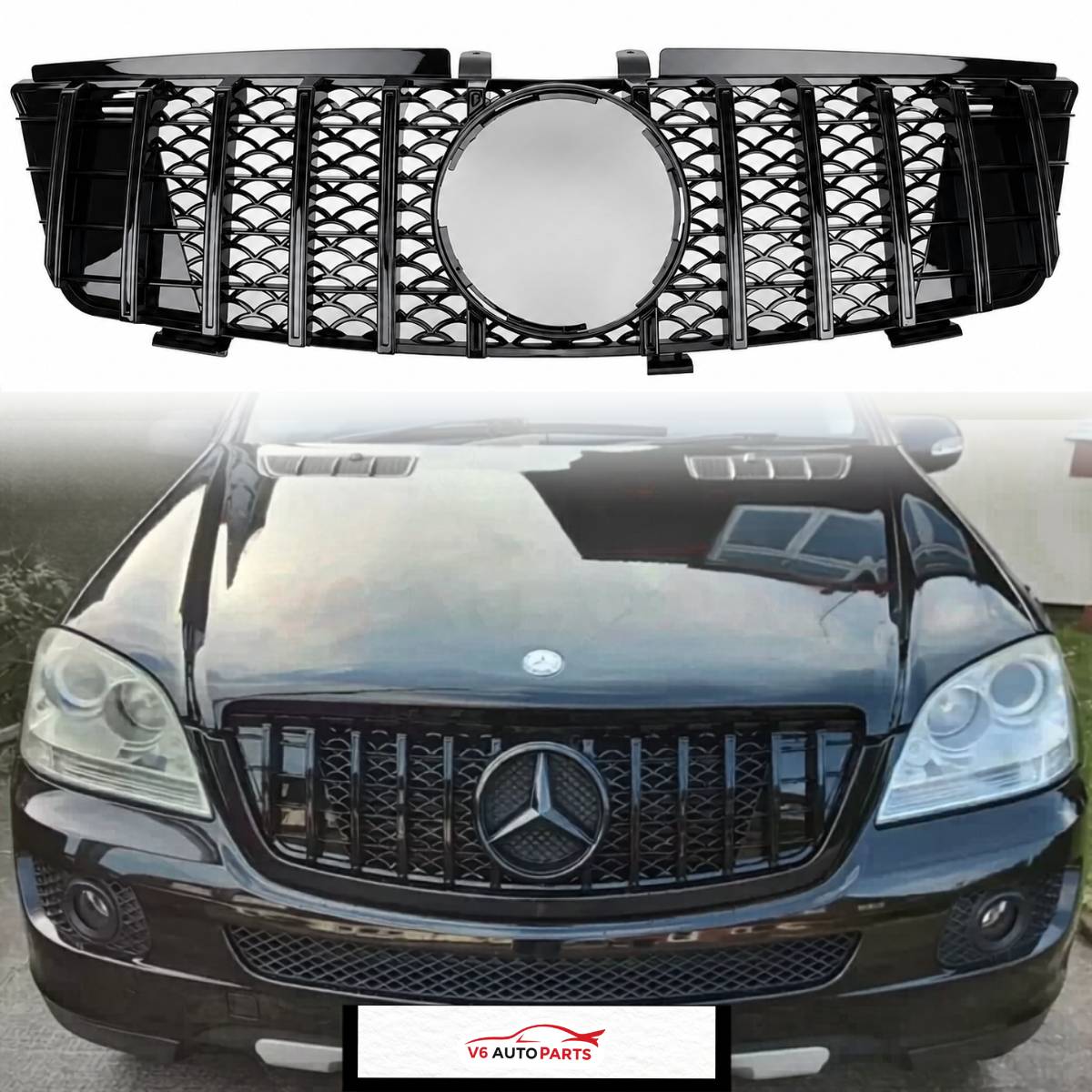 For Mercedes M-Class W164 GT Front Grille Gloss Black (ML320/ML350, 2005–2008 Pre-Facelift)