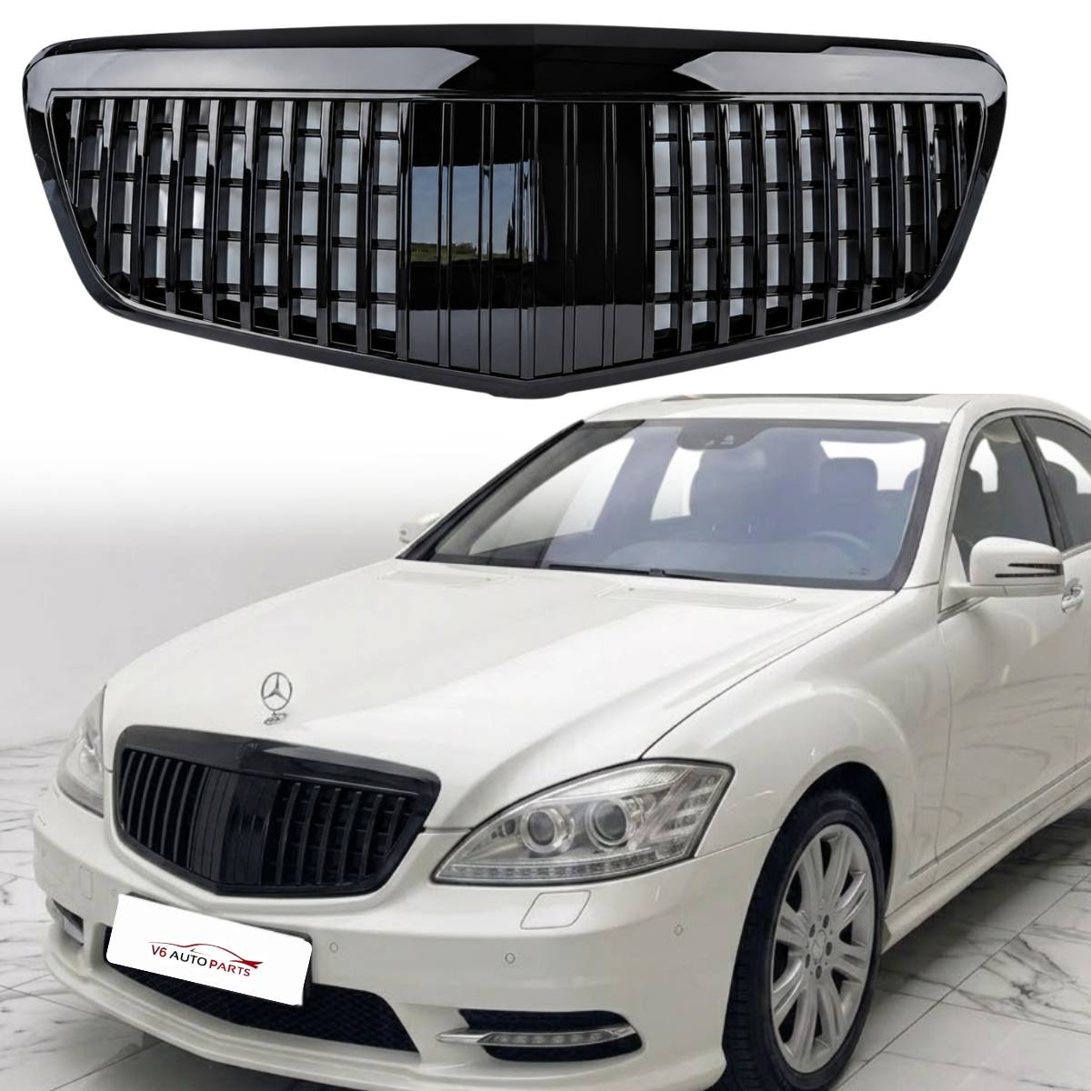 Maybach Style Front Radiator Grille – Gloss Black | Mercedes S‑Class W221 (2009–2013, S65 S400)