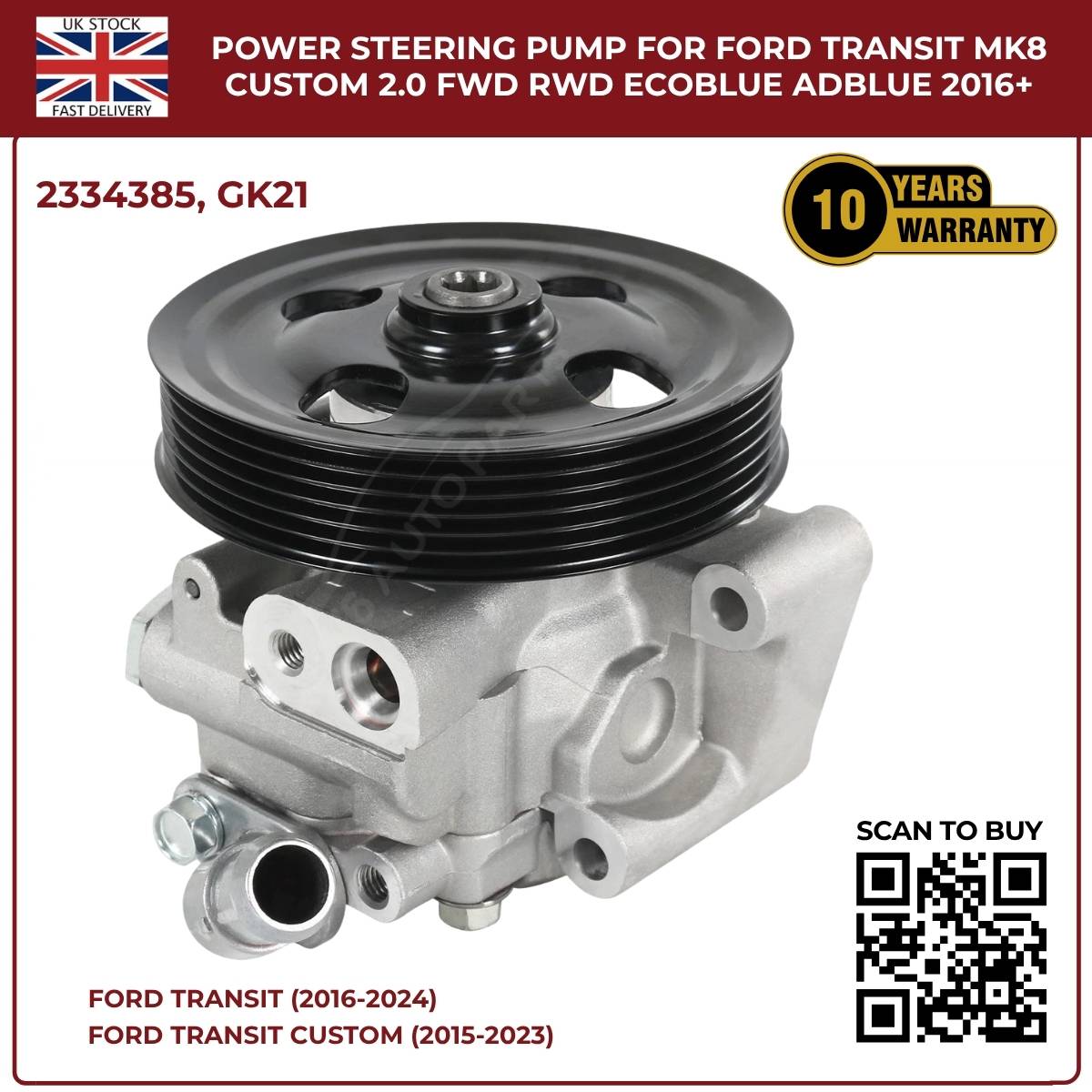 Image of replacement power steering pump OEM 2334385 for Ford Transit MK8 and Custom.