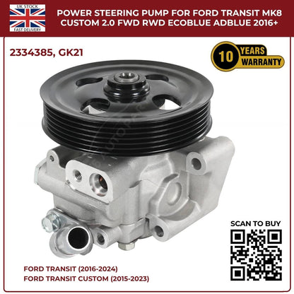 Image of replacement power steering pump OEM 2334385 for Ford Transit MK8 and Custom.