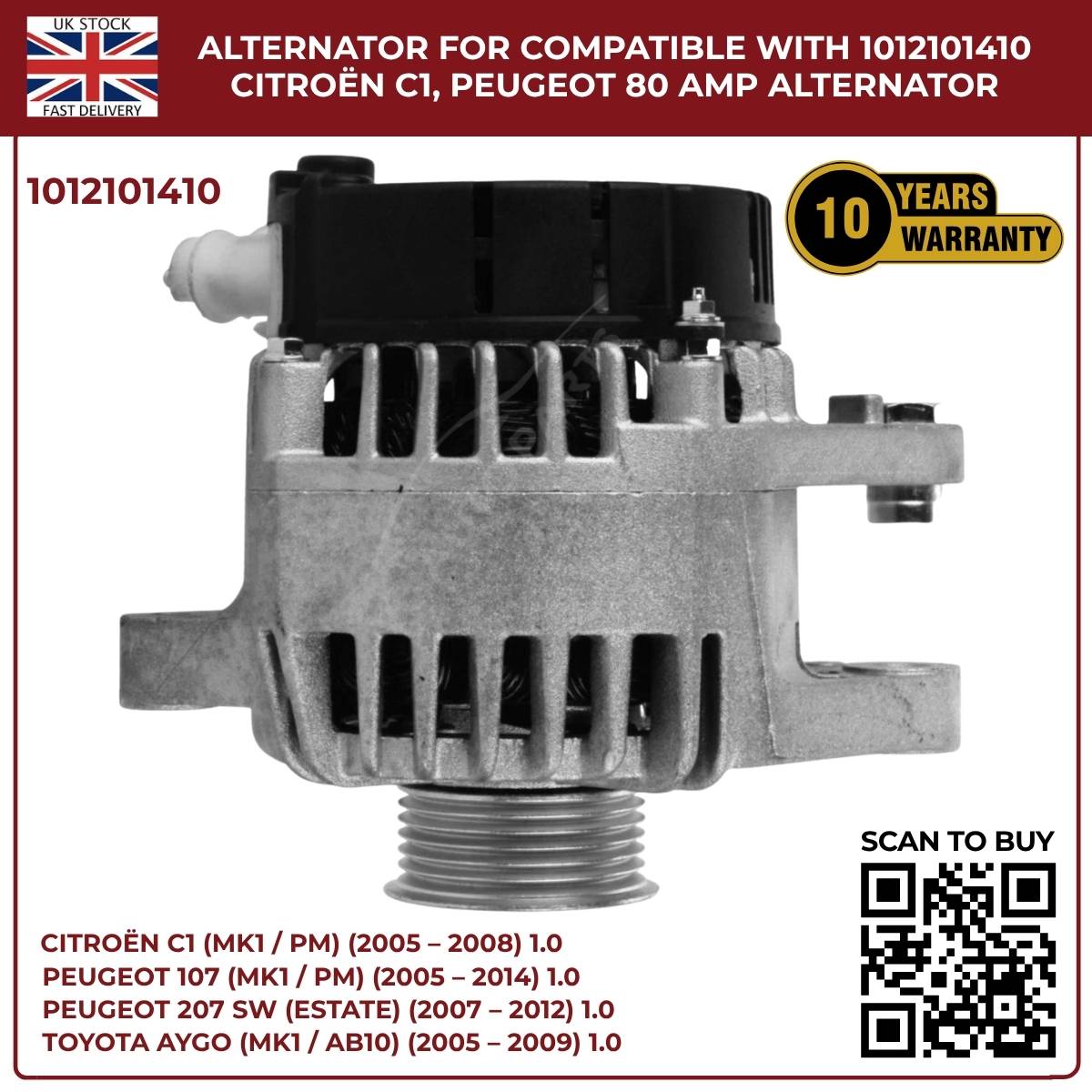 80A Alternator Fits Peugeot 107 1.0 2005‑2016 · Ref 102211‑8731 / DAN1035 / 0986049960 / DRA0248