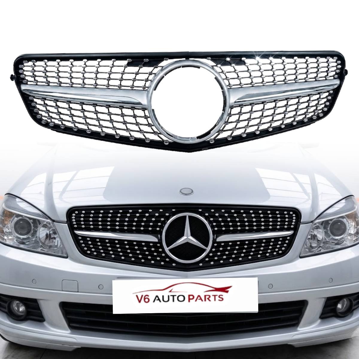 Front Bumper Diamond Chrome Grille for Mercedes‑Benz C‑Class W204 Saloon (2007–2014) | Fits C180, C220