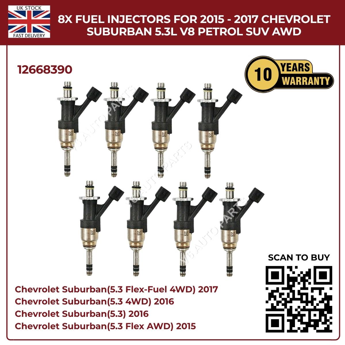 Set of 8 Fuel Injectors For Chevrolet Suburban 2015–2017 5.3L V8 (VIN C) – Direct Fit OEM Replacement #4555