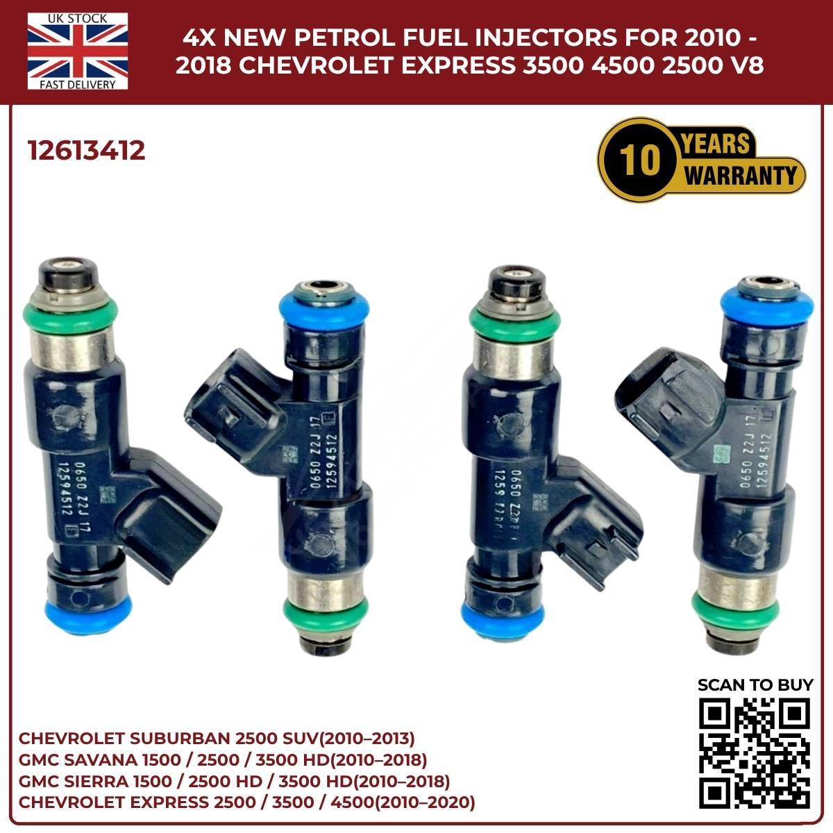 4× Fuel Injectors 12613412 – Fits 2010–2013 Chevrolet Suburban 2500 HD 6.0L V8 Petrol