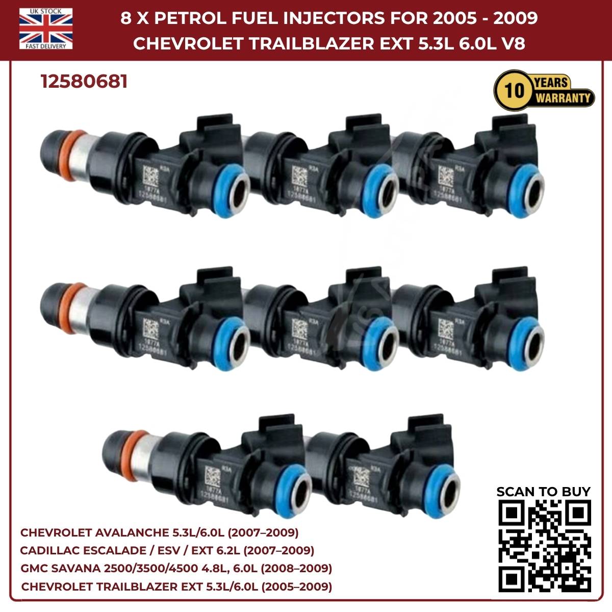 8x Fuel Injectors – Fits 2007–2010 Chevrolet Silverado 1500 / 2500HD / 3500HD – OEM Replacement