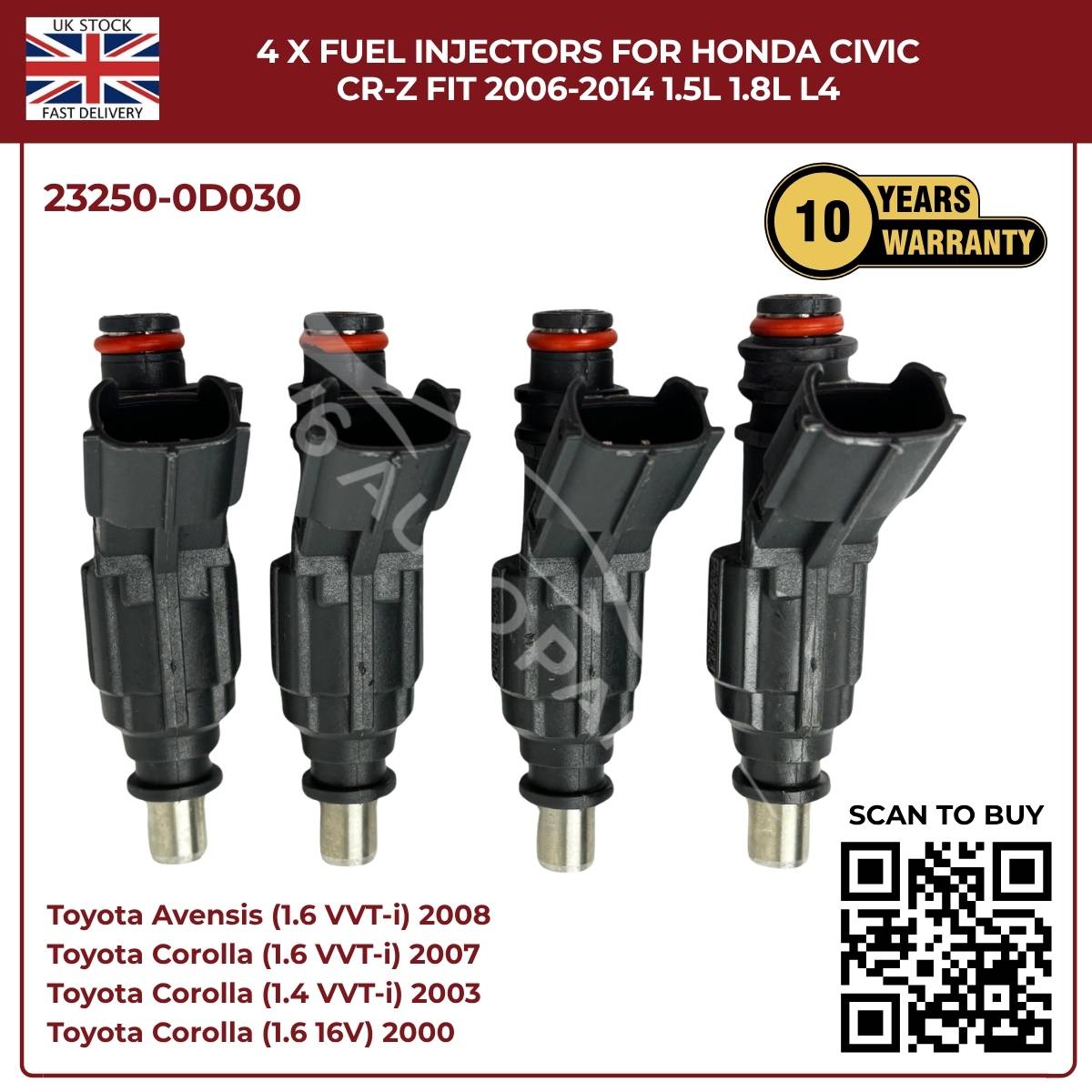 Image of four Toyota fuel injectors 23250-0D030 for Corolla and Avensis 1.4