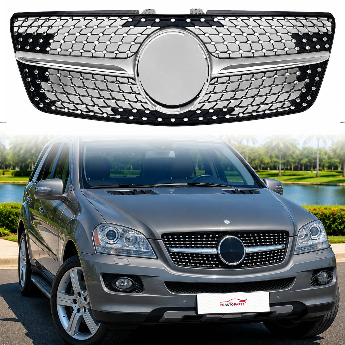For Mercedes M-Class W164 Front Radiator Diamond Chrome Grille (2009–2012 ML320)