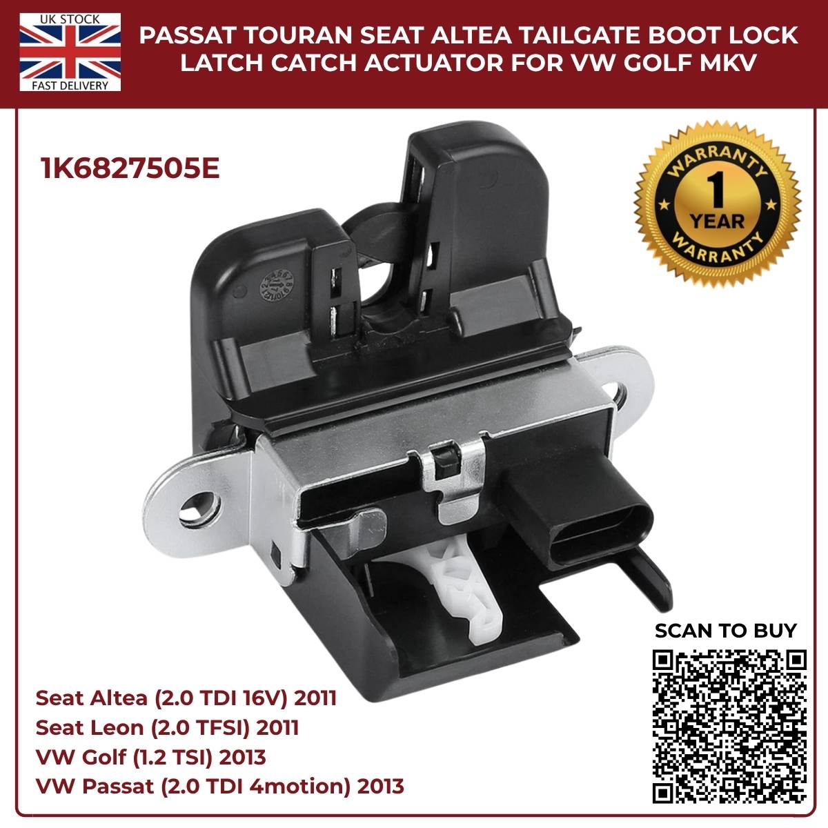 Tailgate Boot Lock Latch Catch Actuator – Fits VW Golf Mk5 Mk6, Passat, Touran, Seat Altea Leon Toledo