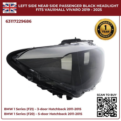For BMW 1 Series F20/F21 Halogen Headlight – Right Side | 2011‑2015 RHD | Black Inner Housing | 63117229686