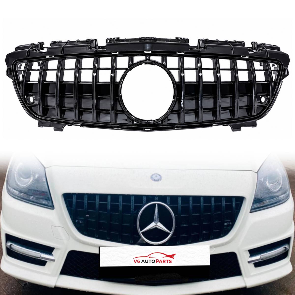 Front Black Panamericana GT-R Replacement Grille for Mercedes SLK-Class R172 (2011-2016) AMG Style, Distronic Compatible