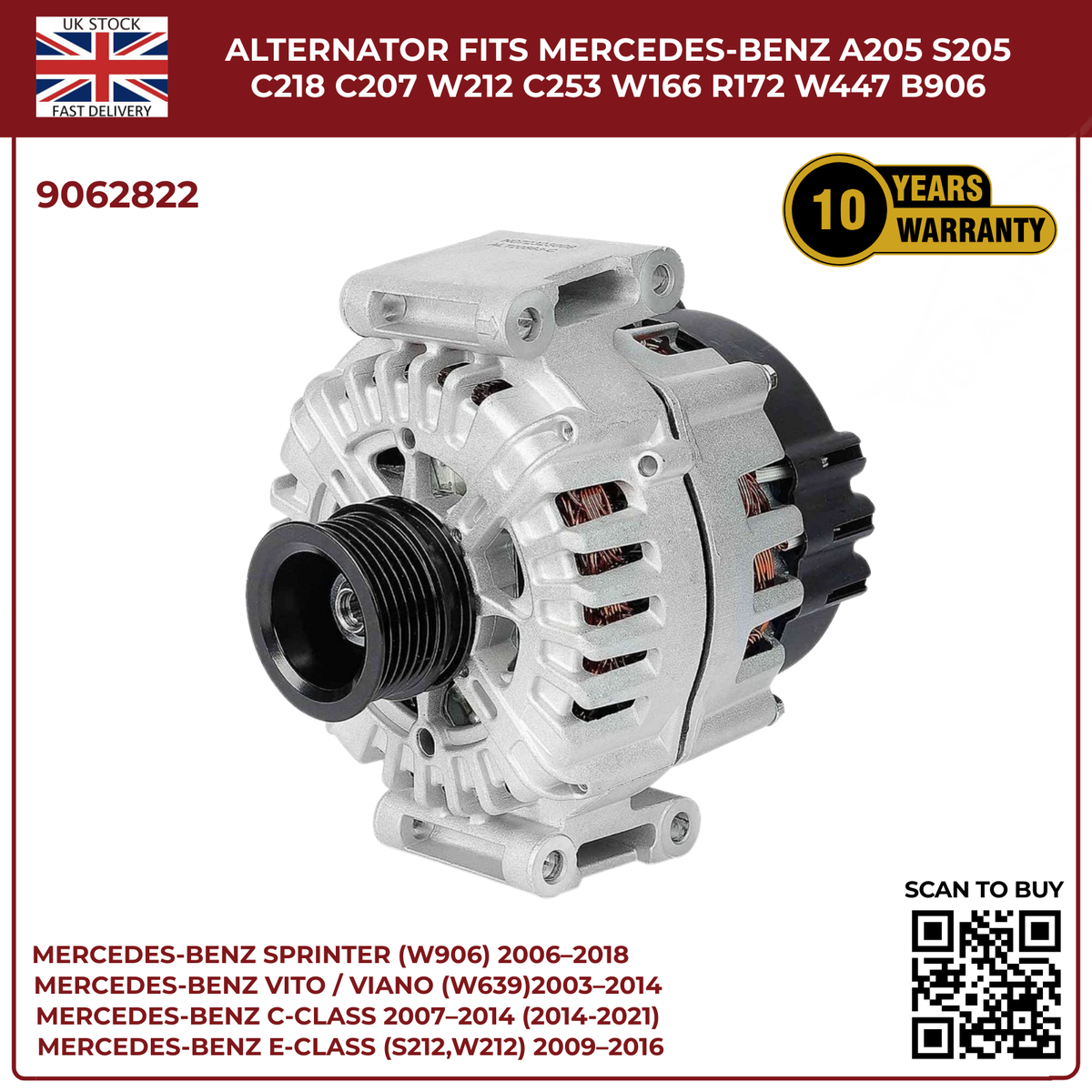 Mercedes-Benz Alternator 14V 200A – Fits A205 S205 C218 C207 W212 C253 W166 X204 W447 B906 (OEM 9062822)