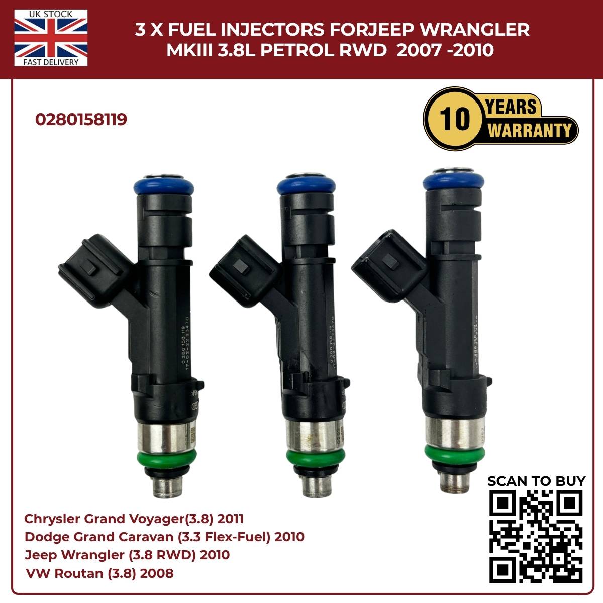 3x Fuel Injectors 0280158119 – Fits 2007–2010 Jeep Wrangler MKIII 3.8L Petrol RWD | OE Replacement