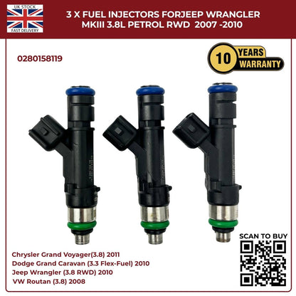 3x Fuel Injectors 0280158119 – Fits 2007–2010 Jeep Wrangler MKIII 3.8L Petrol RWD | OE Replacement
