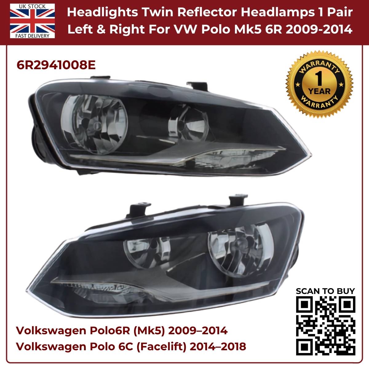 Image of VW Polo Mk5 6R Replacement Headlights Pair L+R – 6R2941008E
