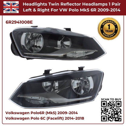 Image of VW Polo Mk5 6R Replacement Headlights Pair L+R – 6R2941008E