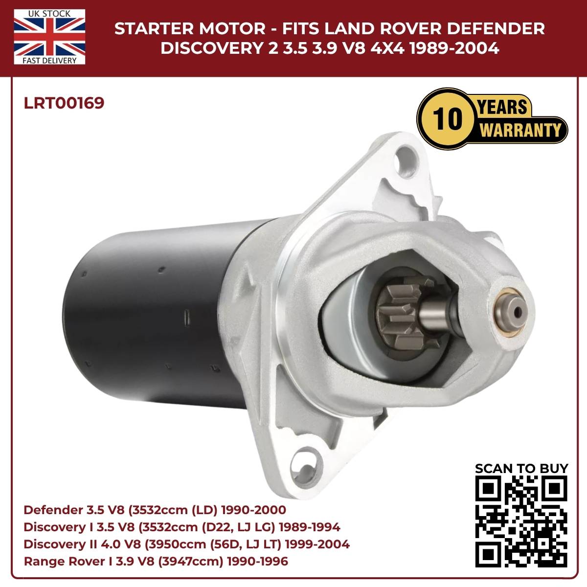 Starter Motor for Land Rover Defender & Discovery V8 (3.5, 3.9, 4.0) – 1989‑2004 | OEM Replacement