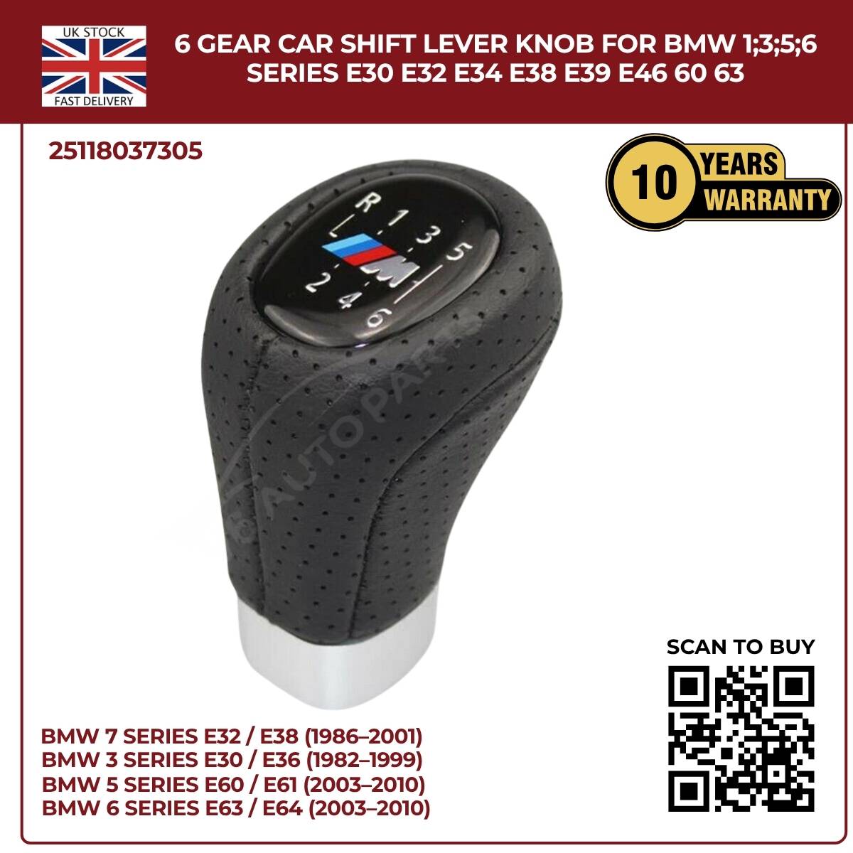 BMW 1 3 5 6 Series 6‑Speed Gear Shift Knob – Leather Top, ABS – Fits E30 E32 E34 E38 E39 E46 E53 E60 E63