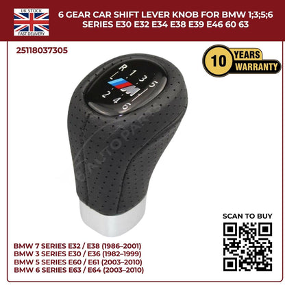 BMW 1 3 5 6 Series 6‑Speed Gear Shift Knob – Leather Top, ABS – Fits E30 E32 E34 E38 E39 E46 E53 E60 E63