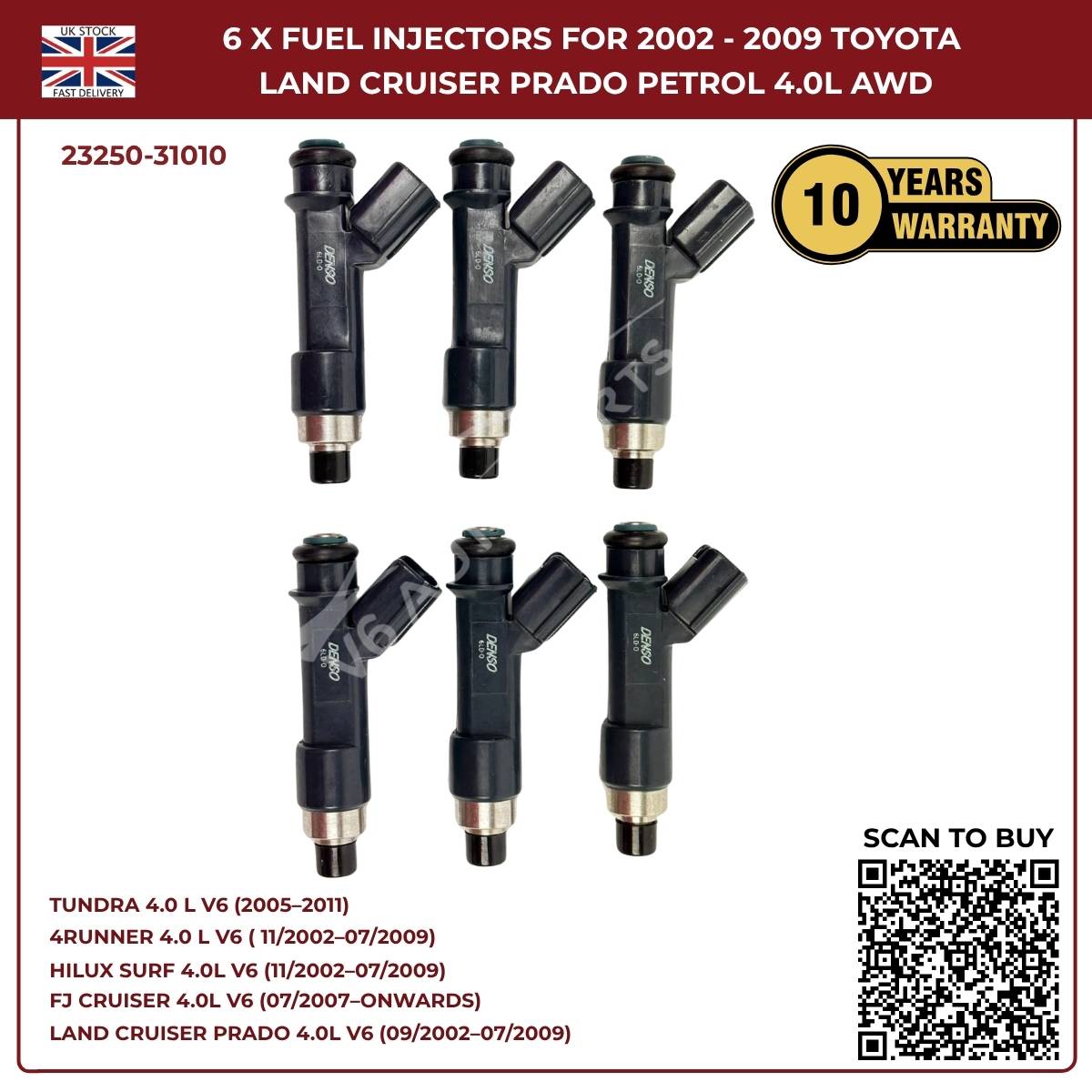 6x Fuel Injector Set 23250-31010 – Fits 2002–2009 Toyota Hilux Surf 4.0L V6 Petrol AWD/RWD