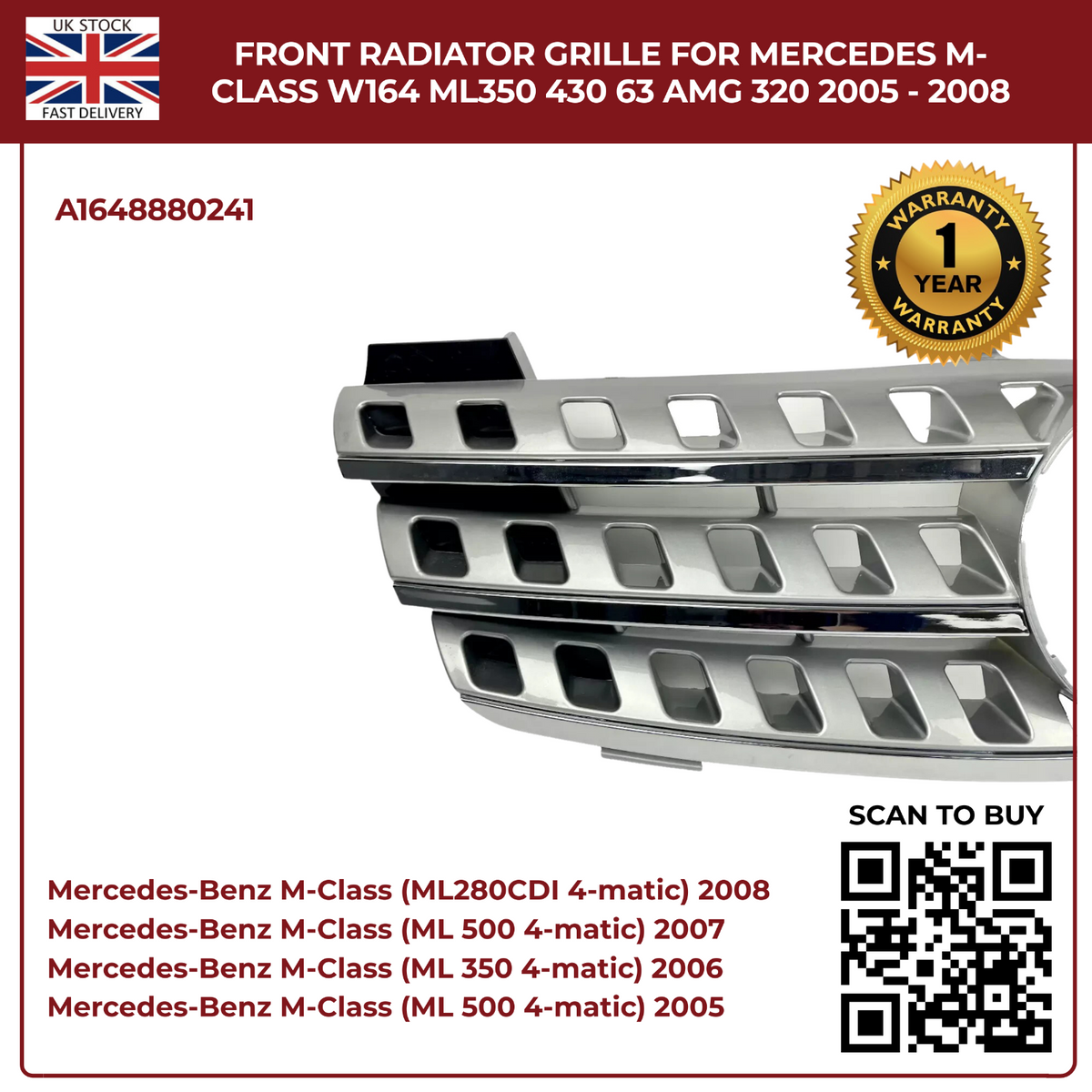 Front Radiator 7-Hole Chrome Grille – Mercedes-Benz M-Class W164 (2005–2008)
