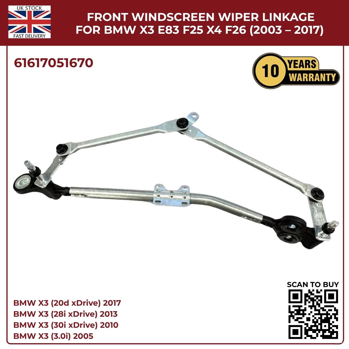 BMW Wiper Linkage Arm Assembly – Fits X3 F25 E83 & X4 F26 | OEM 61617051670 | Fast UK Dispatch