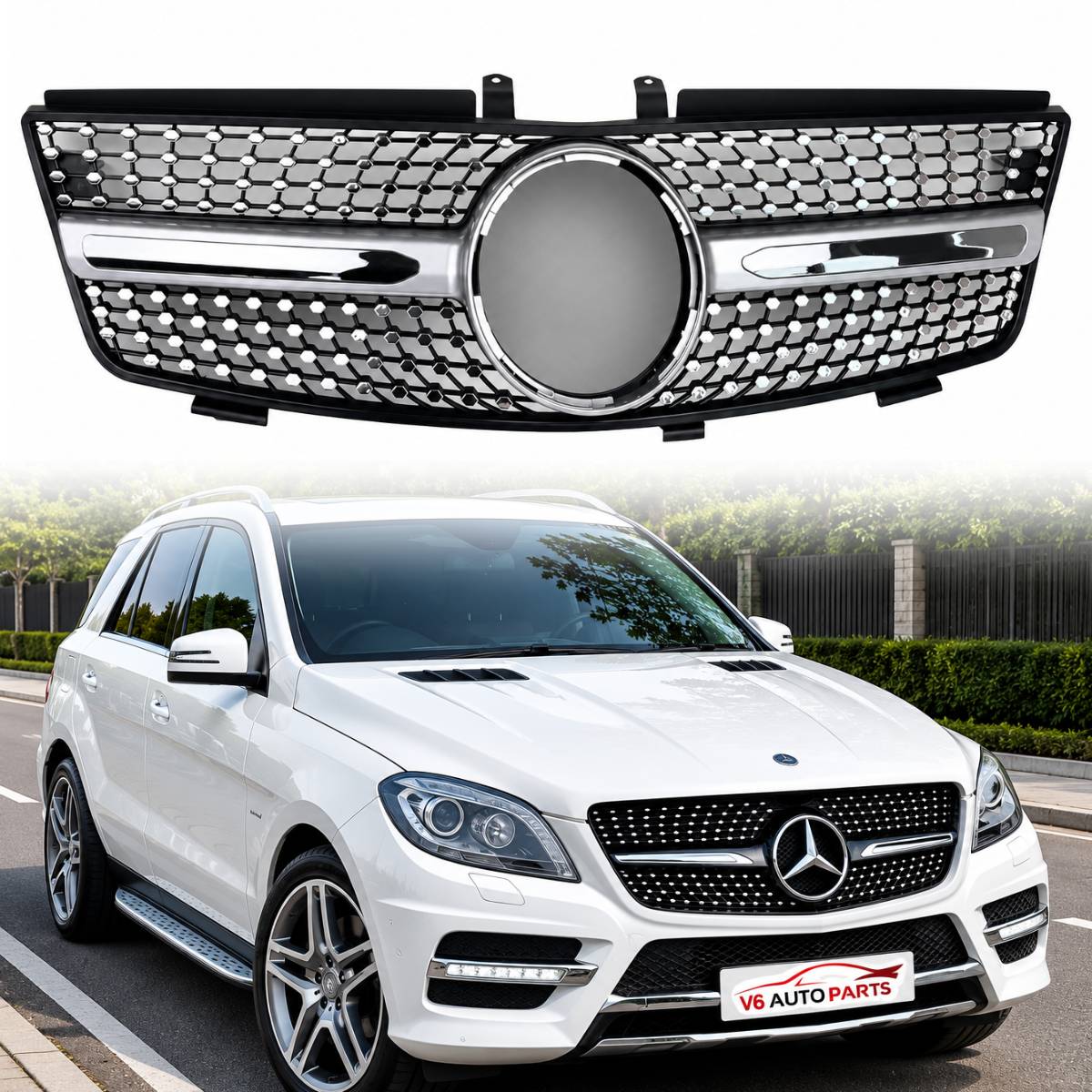 For Mercedes M‑Class W164 Front Radiator Diamond Chrome Grille 2005–2008 ML320 ML350 ML500 ML550 ML63 AMG