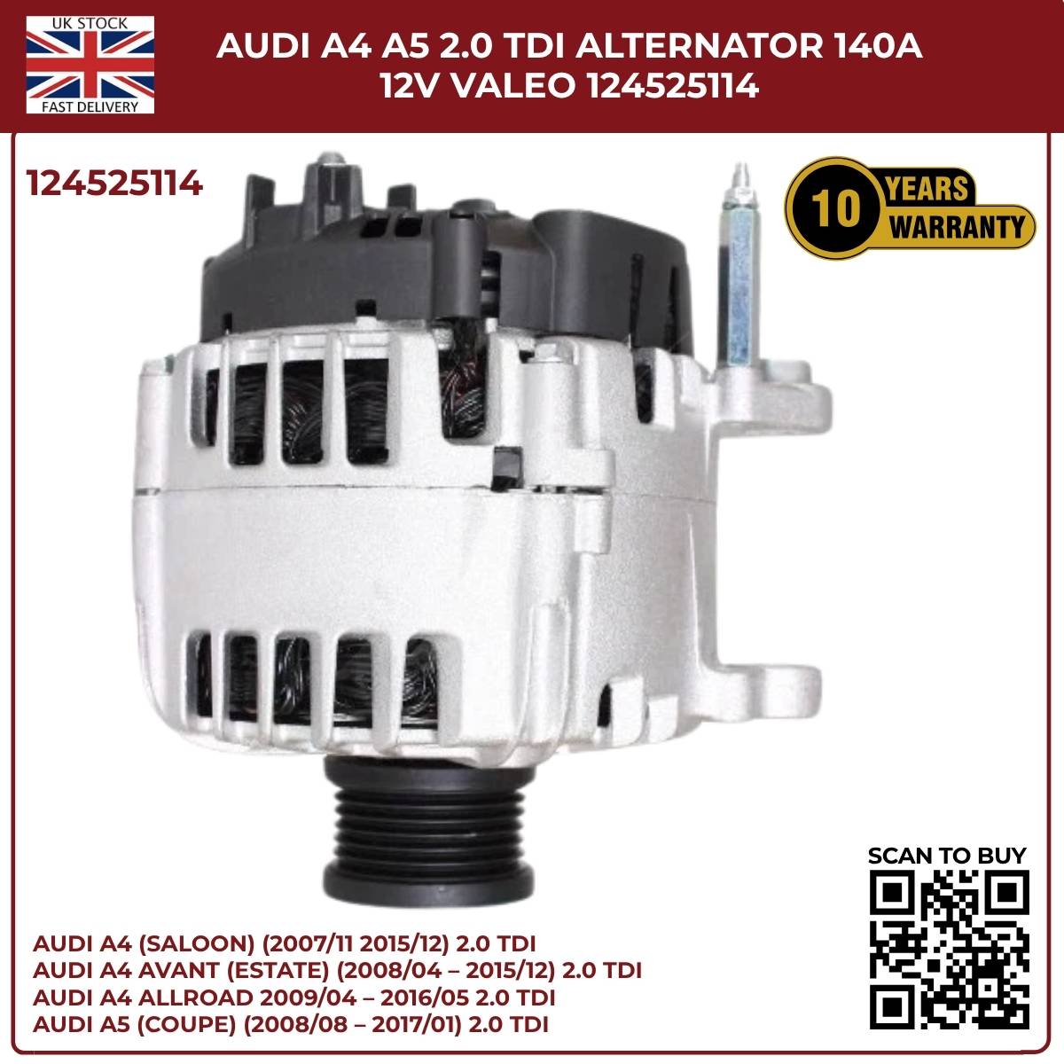 Bosch/VALEO Alternator 140A 12V – Fits Audi A4 A5 2.0 TDI – Part No. 0124525114
